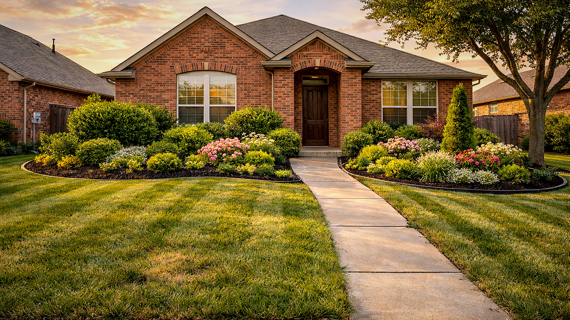 Project 02 after - refreshed mulch beds with vibrant, balanced plantings